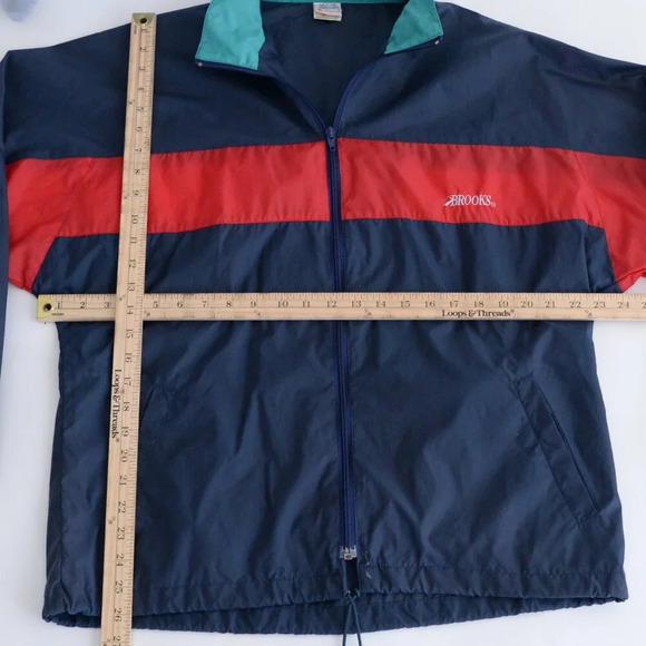 Vintage Brooks Red Navy Zip Waterproof Nylon Stowaway Hood Windbreaker Jacket M - Picture 4 of 11